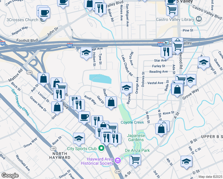 map of restaurants, bars, coffee shops, grocery stores, and more near 1872 Grove Way in Hayward