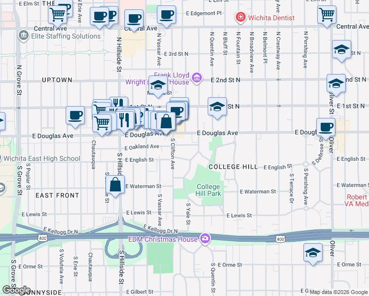 map of restaurants, bars, coffee shops, grocery stores, and more near 3751 East Douglas Avenue in Wichita