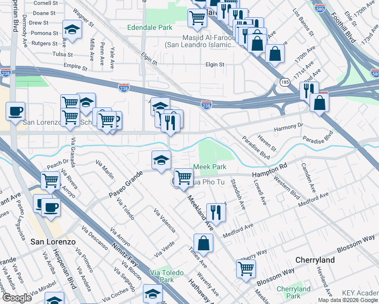 map of restaurants, bars, coffee shops, grocery stores, and more near 16920 Harvard Avenue in Hayward