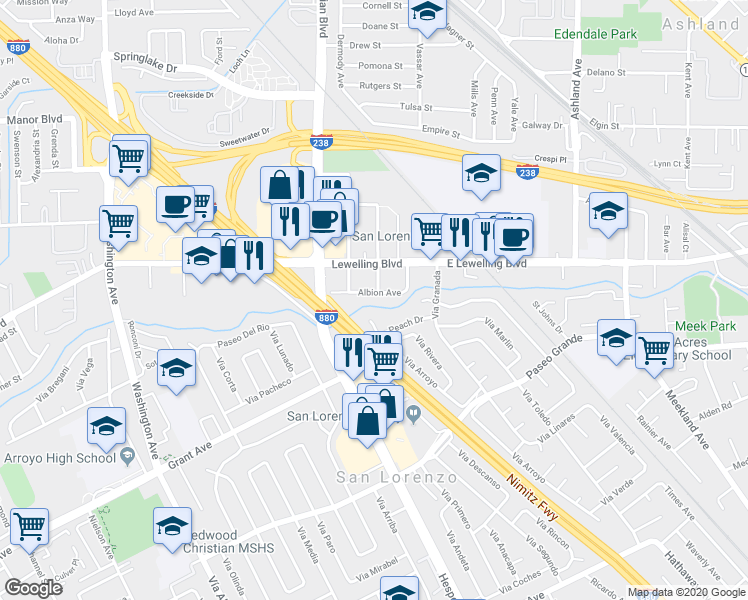 map of restaurants, bars, coffee shops, grocery stores, and more near 308 Albion Avenue in San Lorenzo