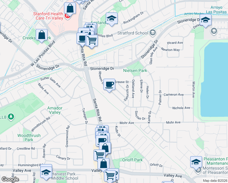 map of restaurants, bars, coffee shops, grocery stores, and more near 2133 Rheem Drive in Pleasanton