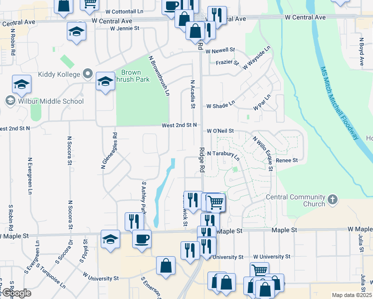 map of restaurants, bars, coffee shops, grocery stores, and more near 204 Brunswick Street in Wichita