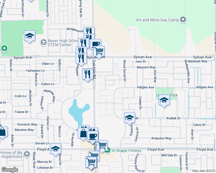 map of restaurants, bars, coffee shops, grocery stores, and more near 2236 Cypress Spring Drive in Modesto