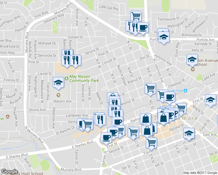 map of restaurants, bars, coffee shops, grocery stores, and more near 516 North P Street in Livermore
