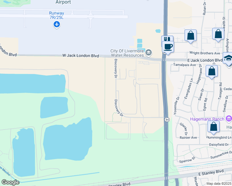 map of restaurants, bars, coffee shops, grocery stores, and more near Discovery Drive in Livermore