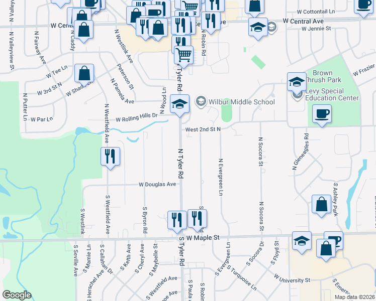 map of restaurants, bars, coffee shops, grocery stores, and more near 241 North Robin Road in Wichita
