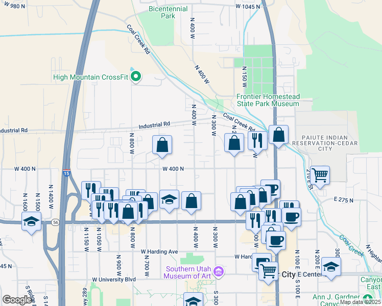 map of restaurants, bars, coffee shops, grocery stores, and more near 496 North 400 West in Cedar City
