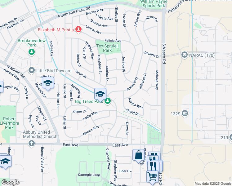 map of restaurants, bars, coffee shops, grocery stores, and more near 5461 Arlene Way in Livermore