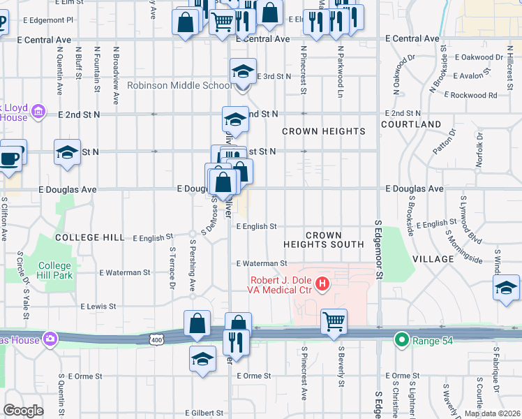 map of restaurants, bars, coffee shops, grocery stores, and more near 110 South Bleckley Drive in Wichita