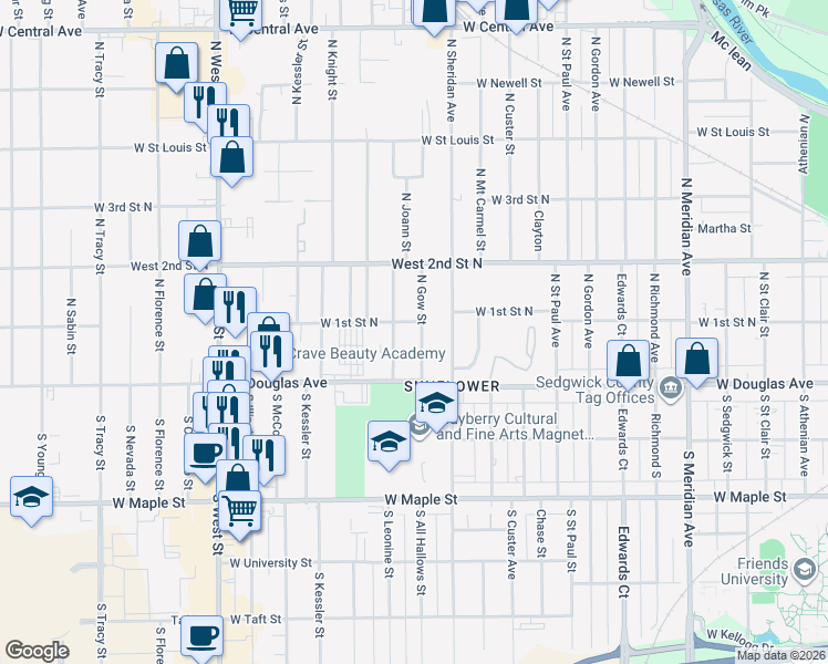 map of restaurants, bars, coffee shops, grocery stores, and more near 208 North Gow Street in Wichita