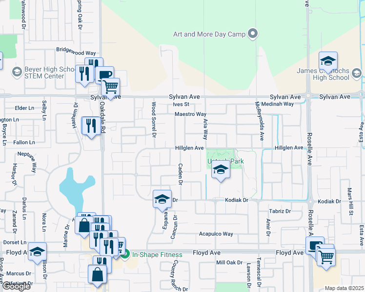 map of restaurants, bars, coffee shops, grocery stores, and more near 3313 Orchestra Place in Modesto