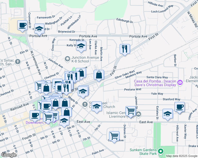 map of restaurants, bars, coffee shops, grocery stores, and more near 2977 Patcham Common in Livermore