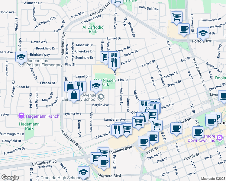 map of restaurants, bars, coffee shops, grocery stores, and more near 634 Rincon Avenue in Livermore