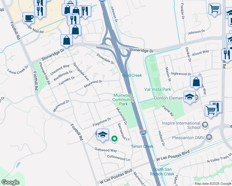 map of restaurants, bars, coffee shops, grocery stores, and more near 7354 Jaybrook Court in Pleasanton