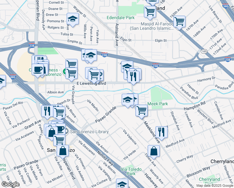 map of restaurants, bars, coffee shops, grocery stores, and more near 16787 Tiger Lane in San Lorenzo