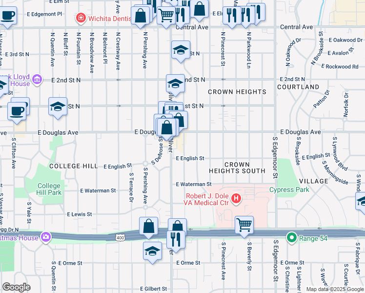 map of restaurants, bars, coffee shops, grocery stores, and more near 112 South Glendale Street in Wichita
