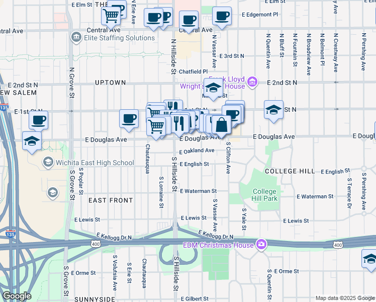 map of restaurants, bars, coffee shops, grocery stores, and more near 3219 East Douglas Avenue in Wichita