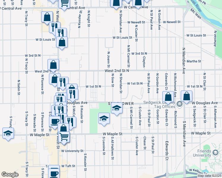 map of restaurants, bars, coffee shops, grocery stores, and more near 208 North Gow Street in Wichita