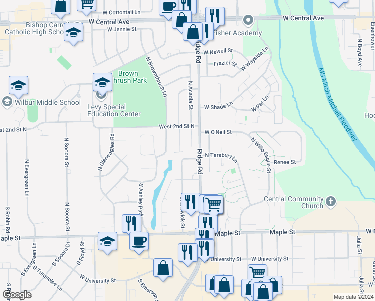 map of restaurants, bars, coffee shops, grocery stores, and more near 222 North Acadia Street in Wichita
