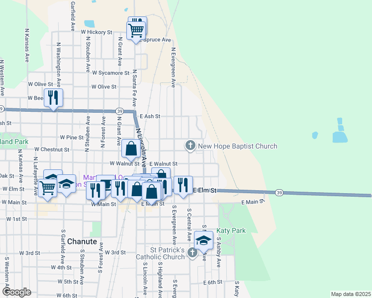 map of restaurants, bars, coffee shops, grocery stores, and more near 401 North Central Avenue in Chanute