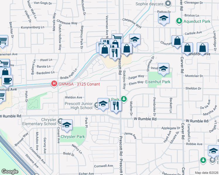 map of restaurants, bars, coffee shops, grocery stores, and more near 2140 Northridge Drive in Modesto