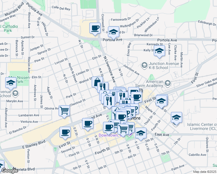 map of restaurants, bars, coffee shops, grocery stores, and more near 346 North K Street in Livermore