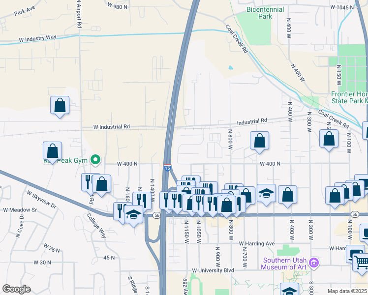 map of restaurants, bars, coffee shops, grocery stores, and more near 1137 Brook Street in Cedar City