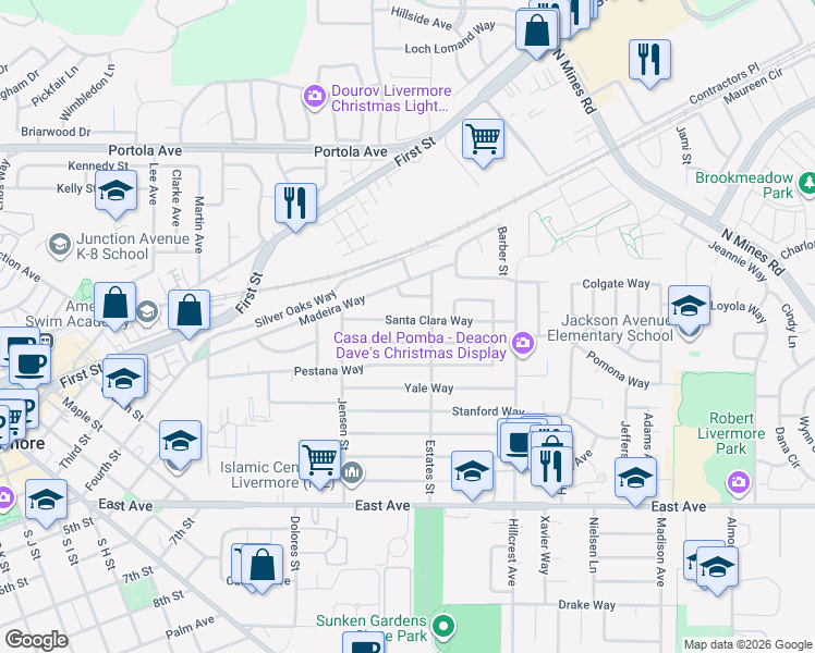 map of restaurants, bars, coffee shops, grocery stores, and more near 3877 Santa Clara Way in Livermore