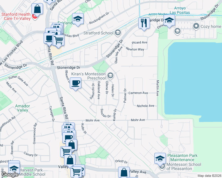 map of restaurants, bars, coffee shops, grocery stores, and more near 3538 Helen Drive in Pleasanton