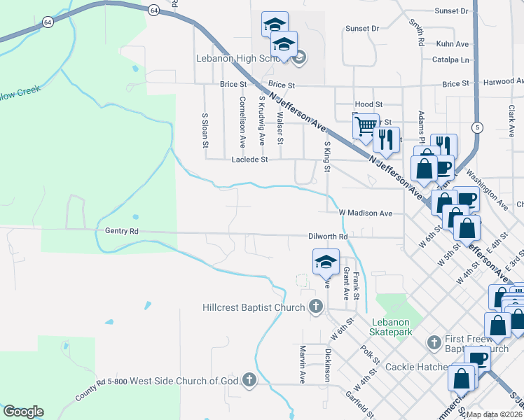 map of restaurants, bars, coffee shops, grocery stores, and more near 841 Dilworth Road in Lebanon