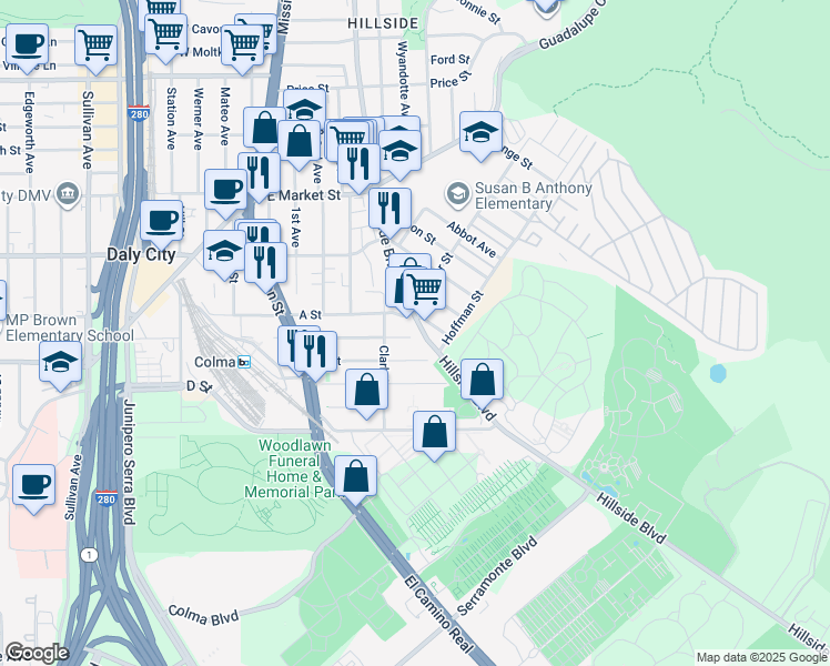 map of restaurants, bars, coffee shops, grocery stores, and more near 1232 Hillside Boulevard in Daly City