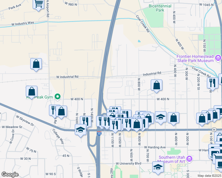 map of restaurants, bars, coffee shops, grocery stores, and more near 1137 Brook Street in Cedar City