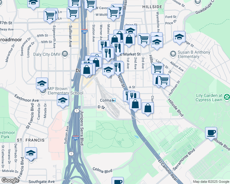 map of restaurants, bars, coffee shops, grocery stores, and more near 315 B Street in Colma