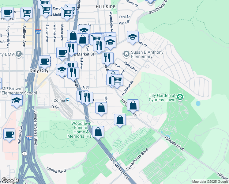 map of restaurants, bars, coffee shops, grocery stores, and more near 1232 Hillside Boulevard in Daly City