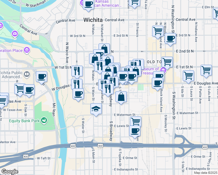 map of restaurants, bars, coffee shops, grocery stores, and more near 200 East Douglas Avenue in Wichita