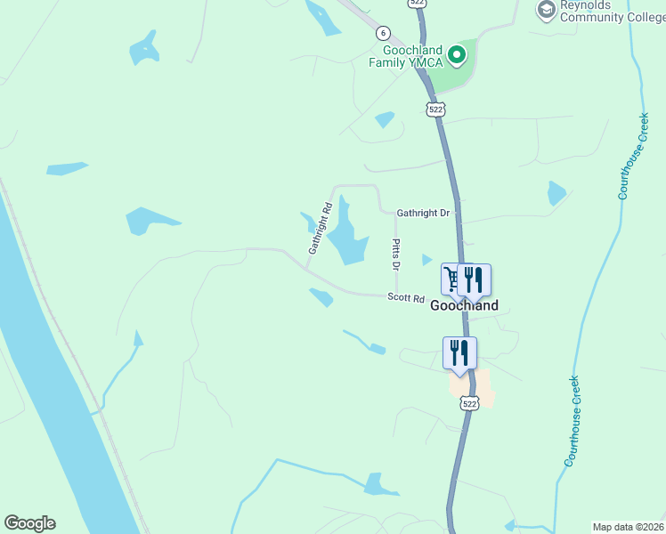 map of restaurants, bars, coffee shops, grocery stores, and more near 3258 Scott Road in Goochland