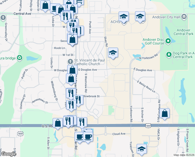 map of restaurants, bars, coffee shops, grocery stores, and more near 420 East Douglas Avenue in Andover