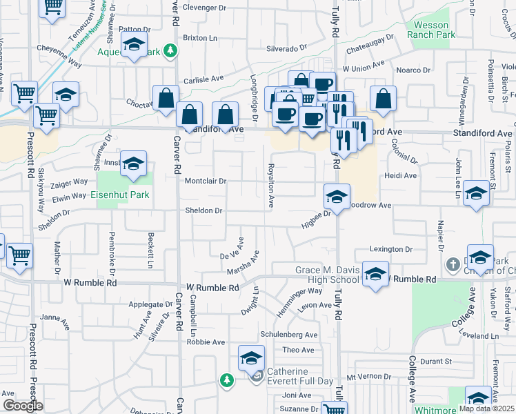 map of restaurants, bars, coffee shops, grocery stores, and more near 1509 Sheldon Drive in Modesto