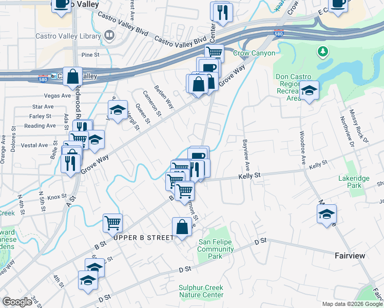 map of restaurants, bars, coffee shops, grocery stores, and more near 22539 Center Street in Hayward