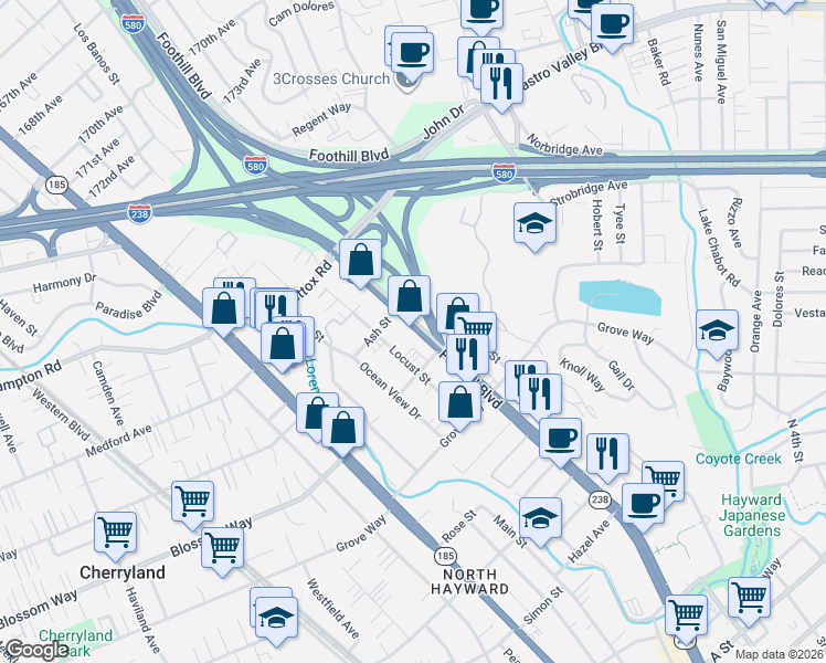 map of restaurants, bars, coffee shops, grocery stores, and more near 21216 Foothill Boulevard in Hayward
