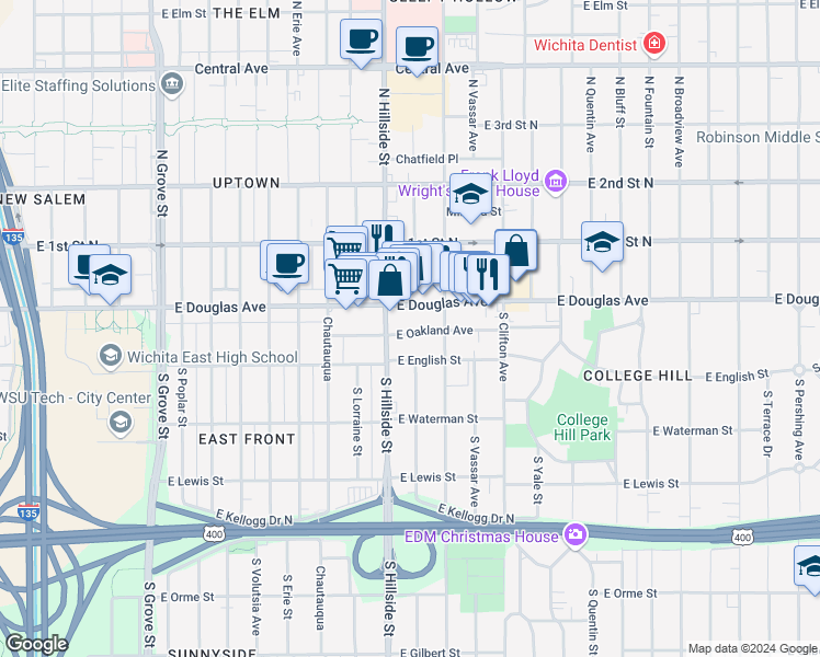 map of restaurants, bars, coffee shops, grocery stores, and more near 3219 East Douglas Avenue in Wichita