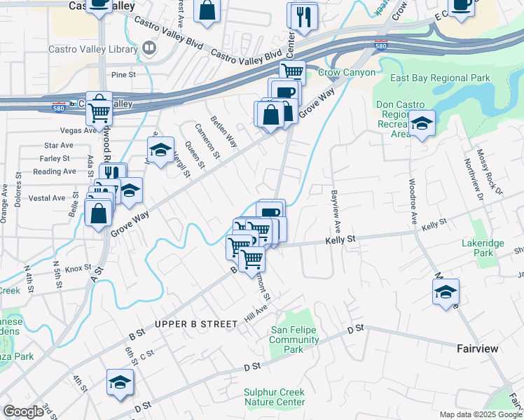 map of restaurants, bars, coffee shops, grocery stores, and more near 22537 Center Street in Hayward