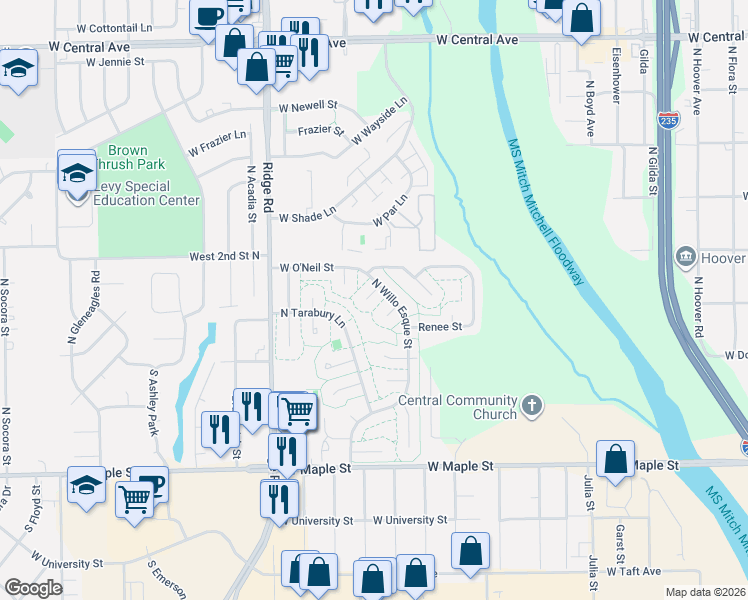 map of restaurants, bars, coffee shops, grocery stores, and more near 273 North Willo-Esque Court in Wichita