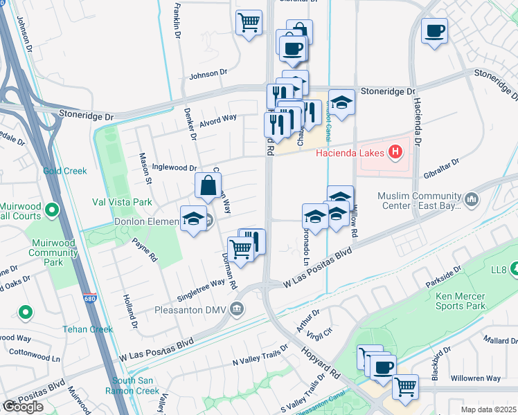 map of restaurants, bars, coffee shops, grocery stores, and more near 6248 Guyson Court in Pleasanton