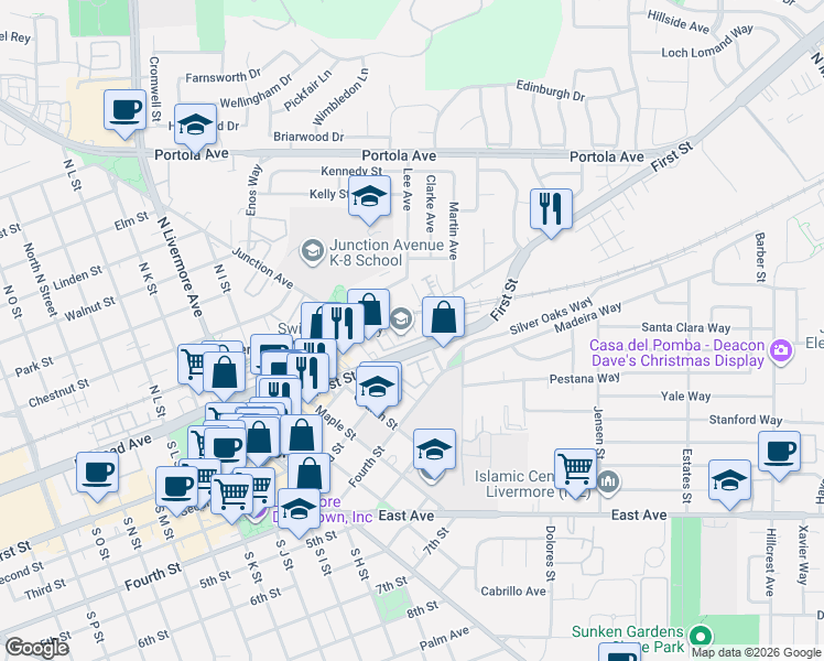 map of restaurants, bars, coffee shops, grocery stores, and more near 2912 Worthing Common in Livermore