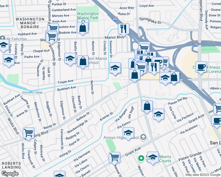 map of restaurants, bars, coffee shops, grocery stores, and more near 941 Lewelling Boulevard in San Leandro
