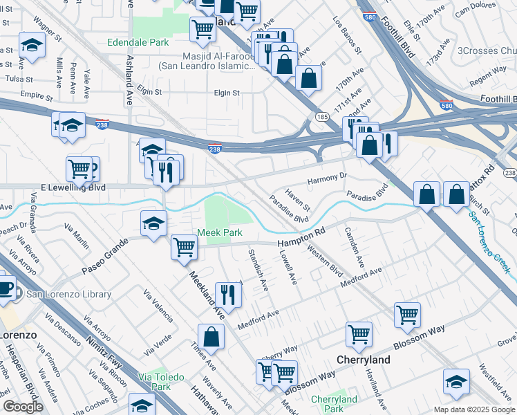 map of restaurants, bars, coffee shops, grocery stores, and more near 17521 Wickman Court in San Lorenzo