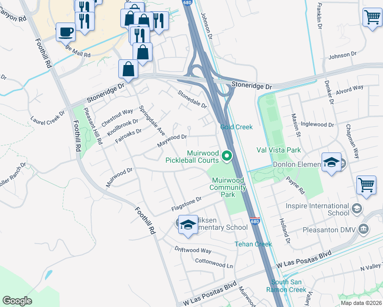 map of restaurants, bars, coffee shops, grocery stores, and more near 7527 Hillsdale Drive in Pleasanton