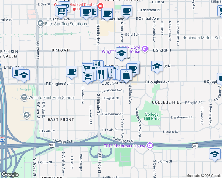 map of restaurants, bars, coffee shops, grocery stores, and more near 3219 East Douglas Avenue in Wichita