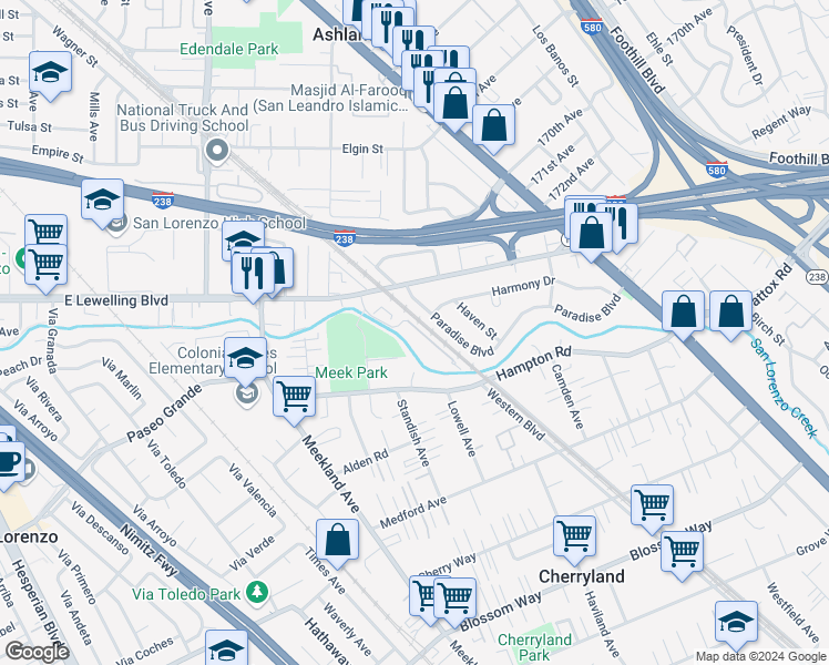 map of restaurants, bars, coffee shops, grocery stores, and more near 17521 Wickman Court in San Lorenzo